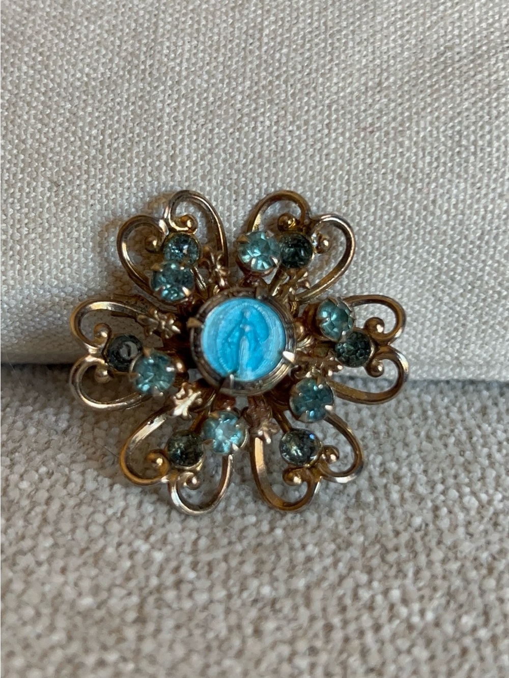 Vintage Miraculous Gold Medal Brooch Blue Rhinestone Catholic Pin
